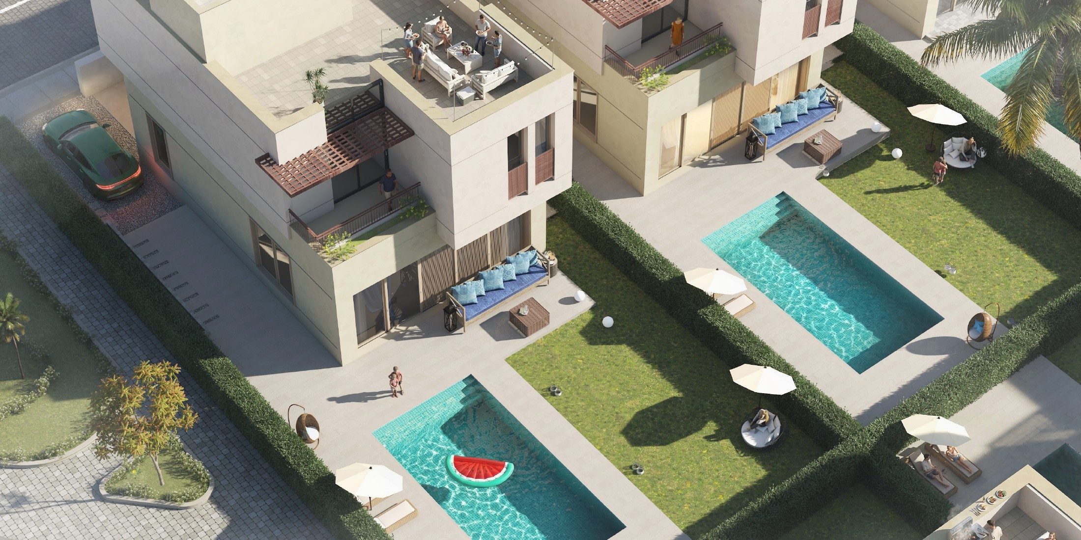 Private villa gardens, pools, and roof terraces at Liwan Residence